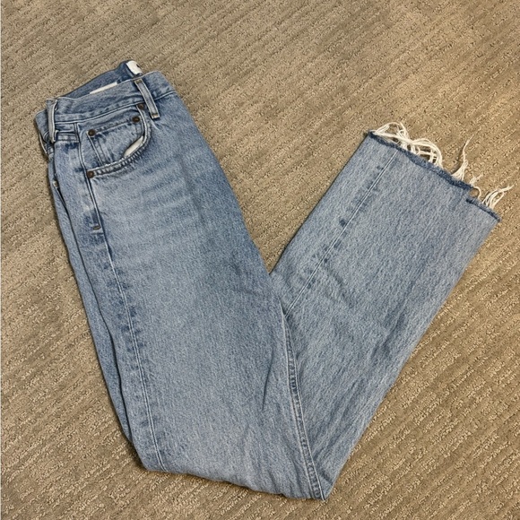 Agolde Denim Straight Leg Jeans with Distressed Hem - Picture 1 of 4